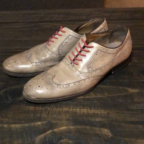 JOHNSTON & MURPHY Taupe Wingtip Lace up with Red shoestrings mens 11.5 - Picture 1 of 6